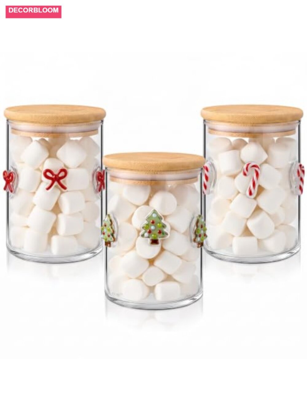 Christmas Glass Food Storage Jars Bamboo Airtight Lids Set of 3